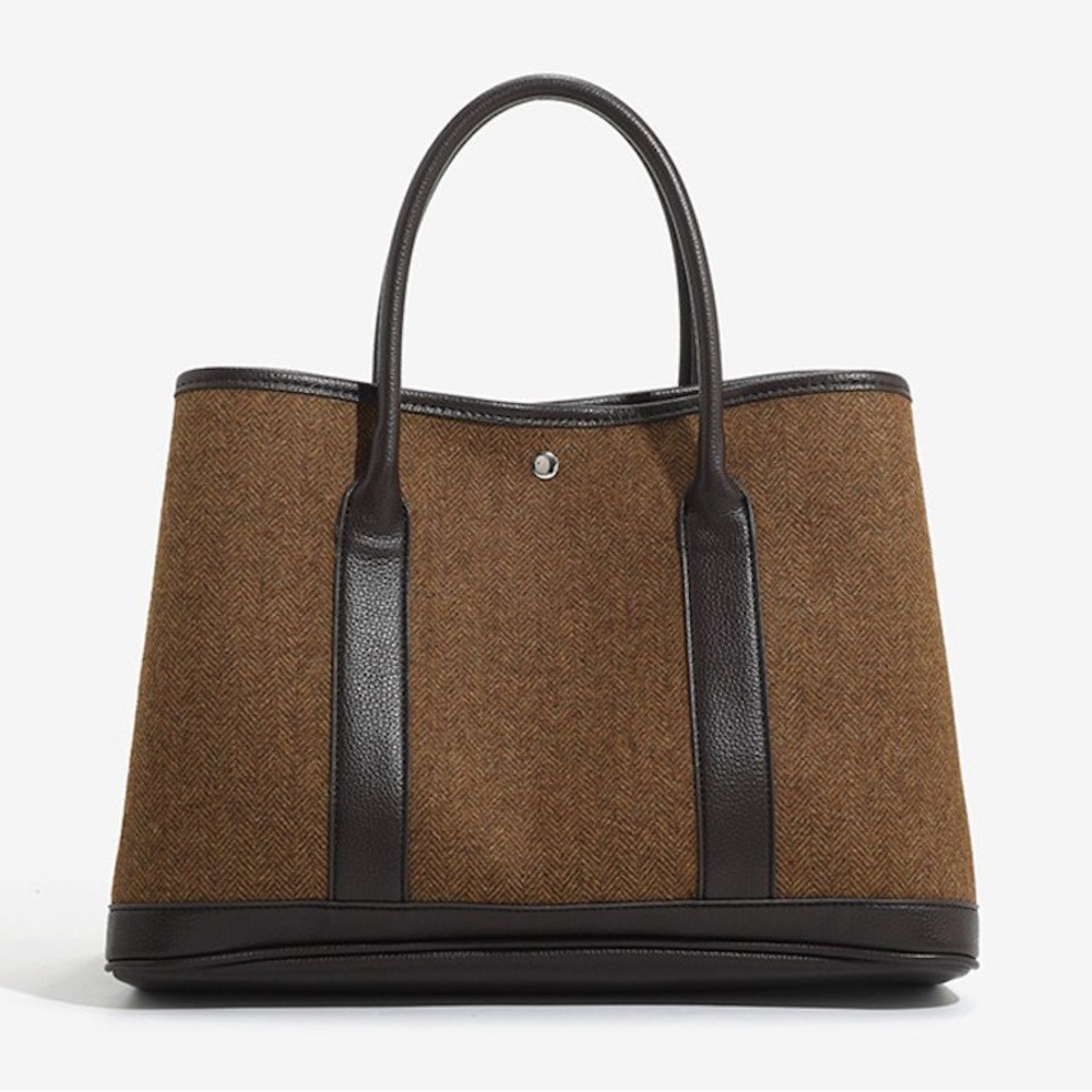 Textile & Faux Leather Tote Bag – Brown/Dark Brown Large Shoulder Bag & HandBag - Picture 2 of 9